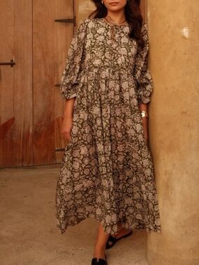 House of Sundar Maya Cotton Midi Dress Olive XXL Boho Relaxed Flowy Casual NWOT